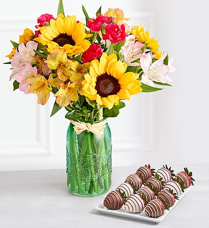 Warm Sunset™ Bouquet & Drizzled Strawberries
