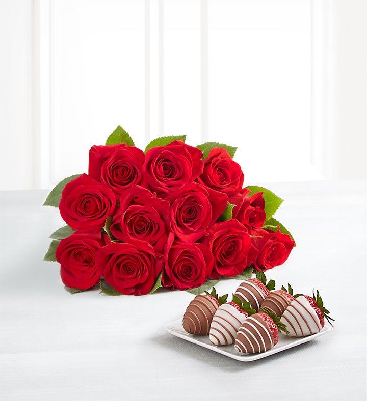 Red Roses and Berries | 12 Bouquet Only & 6Ct Gourmet Drizzled Strawberries | Shari's Berries
