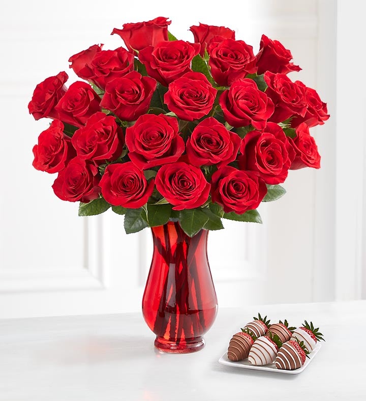 Red Roses and Berries | 24 Red Roses w/ Vase & 6Ct Gourmet Drizzled Strawberries | Shari's Berries