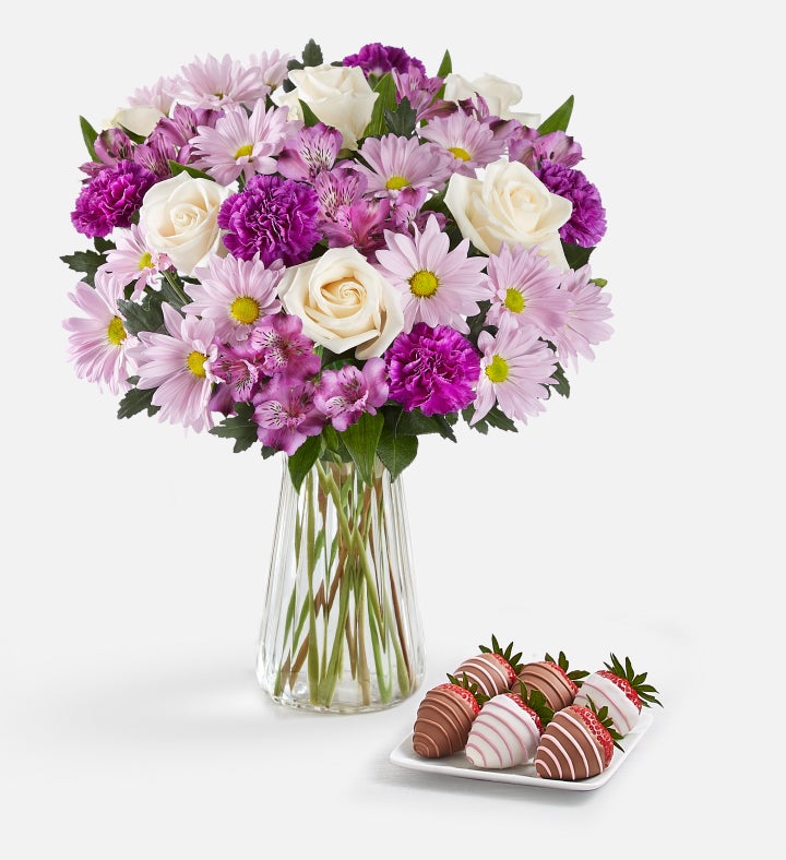 Lavender Garden and Berries | Bouquet w/ Vase & 6Ct Mother's Day Drizzled Strawberries | Shari's Berries