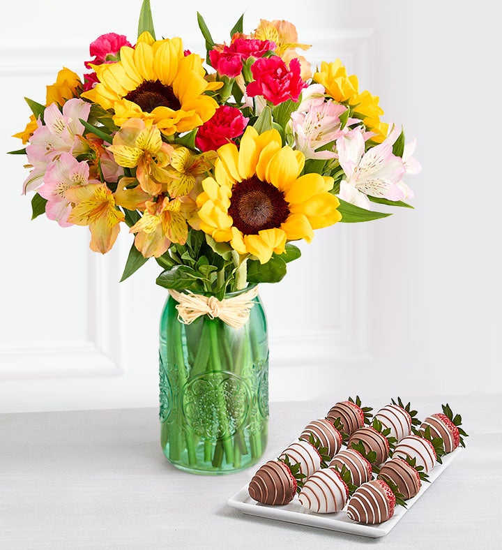 Warm Sunset™ Bouquet & Drizzled Strawberries