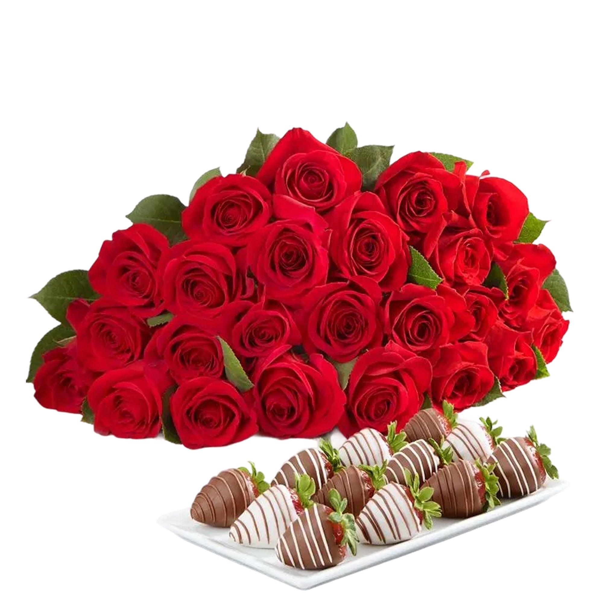 Red Roses and Berries | 12 Bouquet Only & 6Ct Gourmet Drizzled Strawberries | Shari's Berries