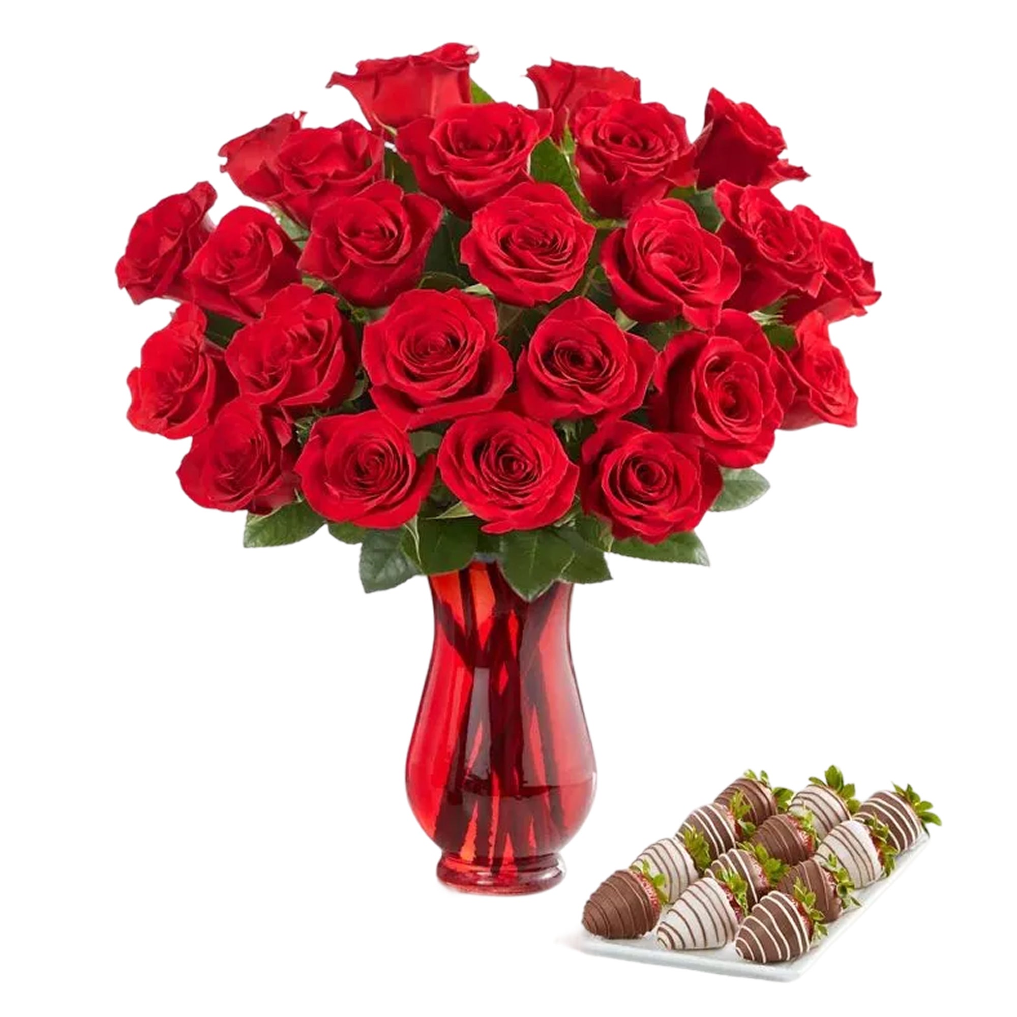 Red Roses and Berries | 24 Red Roses w/ Vase & 12Ct Gourmet Drizzled Strawberries | Shari's Berries
