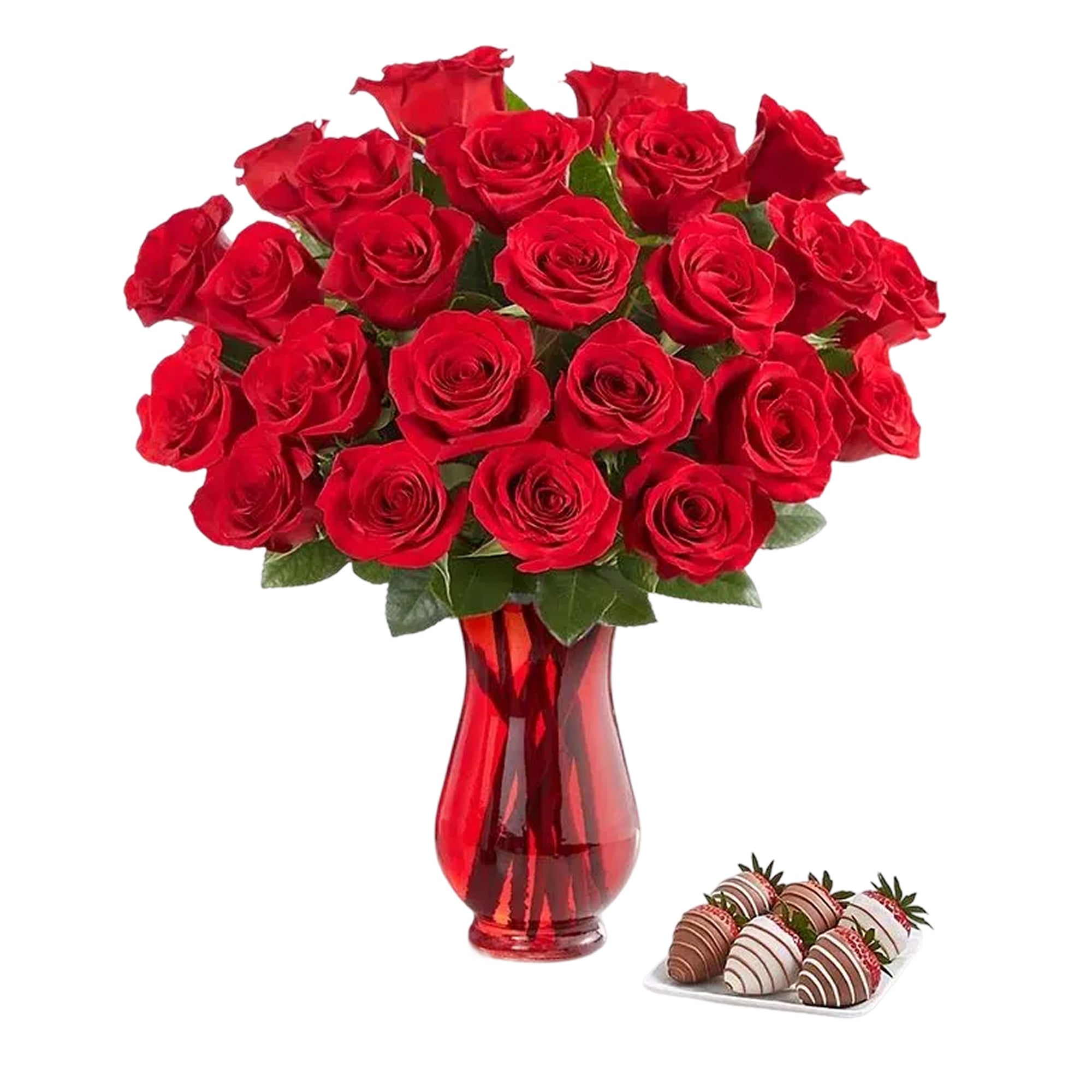 Red Roses and Berries | 24 Red Roses w/ Vase & 6Ct Gourmet Drizzled Strawberries | Shari's Berries